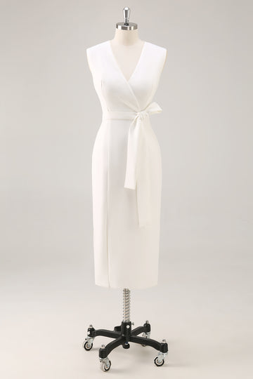 White V-Neck Satin Formal Dress with Belt